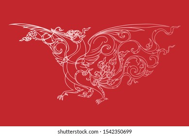 White vector of dragons isolated on red background