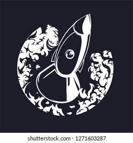 White vector drawing of rocket launch on black background