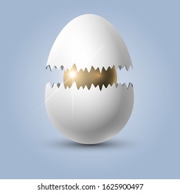 White vector egg with a broken shell and a golden yolk, an egg with a surprise