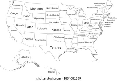 White vector federal map of the United States of America with black borders and names of it's federal states