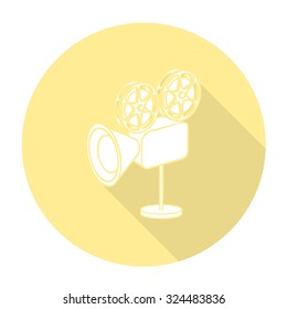 White vector film camera on color circle background.