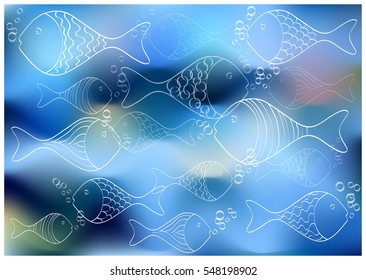 white vector fish silhouettes on blurry background