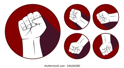 White Vector Fist Cartoon comic style with Flat Design Shadow. Linear drawing vector illustration. Communism Symbol. Strength and Power. Hit up.