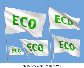 White vector flags with green ECO text. A set of wavy 3D flags with flagpoles isolated on light blue background, created using gradient meshes