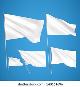 White vector flags on blue background. A set of 5 wavy 3D flags created using gradient meshes. EPS 8 vector