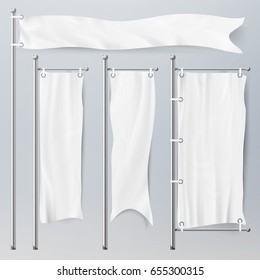 White Vector Flags. Set Wavy 3D Textile Flags. 