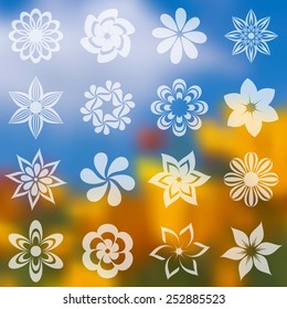 White vector flower icons collection on blurred background