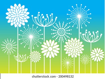 white vector flowers silhouettes on the meadow