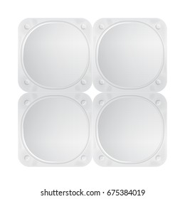 White vector foil lid for yogurt, dessert or cream. Pack of four rounded square form. Top view of packaging mockup template for youre design