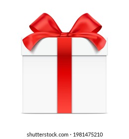 White Vector Gift Box In A Front View, Isolated On Background.