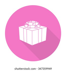 White vector gift box on color circle background.