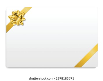 White vector gift card with gold ribbon and bow and white space