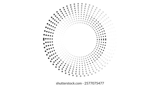 White vector halftone dots in spiral form. Geometric art. Segmented circle. Circular shape. Trendy design element for border frame, round logo, tattoo, sign, symbol, badge, emblem, web pages. eps 10