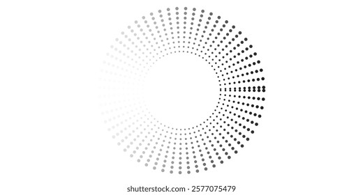 White vector halftone dots in spiral form. Geometric art. Segmented circle. Circular shape. Trendy design element for border frame, round logo, tattoo, sign, symbol, badge, emblem, web pages. eps 10