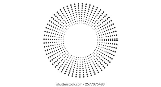 White vector halftone dots in spiral form. Geometric art. Segmented circle. Circular shape. Trendy design element for border frame, round logo, tattoo, sign, symbol, badge, emblem, web pages. eps 10
