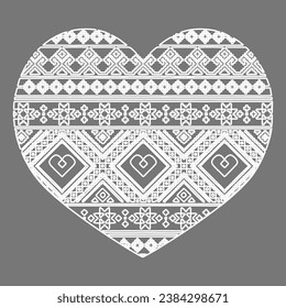 White vector heart with ornament. The pattern on the heart is embroidery in Ukrainian style. Graphics for weddings and Valentine's Day