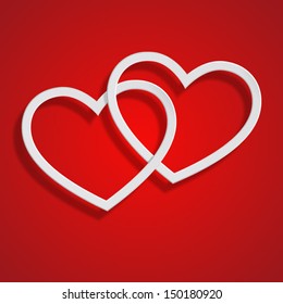 White vector hearts on red background.