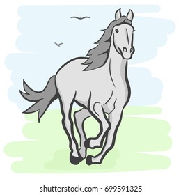 A white vector horse runs to the right.