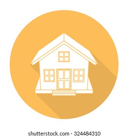 White vector house on color circle background.