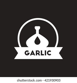 white vector icon on black background garlic emblem