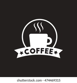 white vector icon on black background  emblem of hot coffee