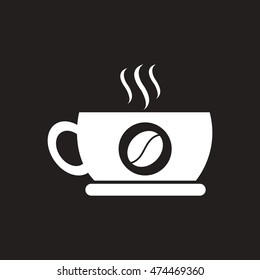 white vector icon on black background  cup of hot coffee
