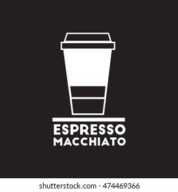 white vector icon on black background  espresso macchiato to go