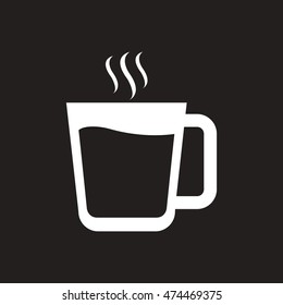 white vector icon on black background  cup of hot coffee