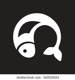 white vector icon on black background fish silhouette