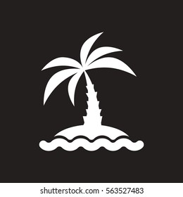 white vector icon on black background palm tree and sea