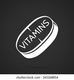White vector icon for tablet with complex of vitamins for sports nutrition on black background.