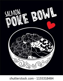 White vector illustration of fresh and tasty salmon poke bowl.  Isolated elements with hand drawn lettering