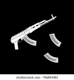 White vector kalashnikov assault rifle icon on black background
