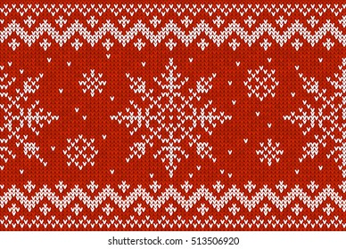 White vector knitted snowflakes on red knit background