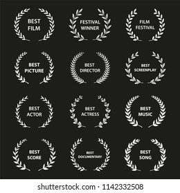 White vector laurel wreaths on black background. Set of foliate award wreath for cinema festival.Vector illustration.