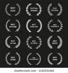 White vector laurel wreaths on black background. Set of foliate award wreath for cinema festival.Vector illustration.