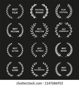 White vector laurel wreaths on black background. Set of foliate award wreath for cinema festival.Vector illustration.