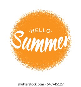White Vector Lettering Hello Summer with orange sun halftone circle isolated on white background.  Fun summer typographic design logo for t-shirt, poster, flyer.
