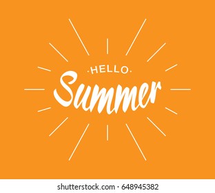 White Vector Lettering Hello Summer with sun rays isolated on orange background.  Fun summer typographic design logo for t-shirt, poster, flayer.