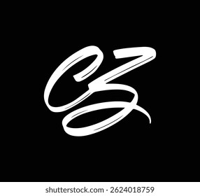 White Vector Letters Logo Brush Hand lettering Calligraphy Style In Black Background Initial CZ