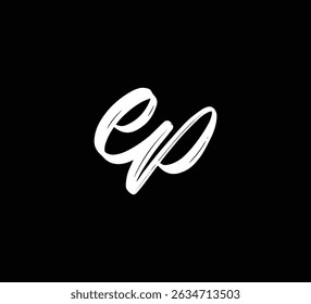 Estilo blanco de la caligrafía de las letras de la mano del cepillo del logotipo de las letras del Vector en el fondo negro EP inicial