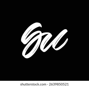White Vector Letters Logo Brush Hand lettering Calligraphy Style In Black Background Initial GU