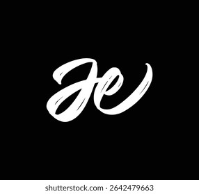 Letras de vetor branco logotipo Brush mão caligrafia estilo em preto fundo inicial JE
