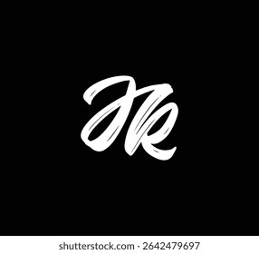 Estilo blanco de la caligrafía de las letras de la mano del cepillo del logotipo de las letras del Vector en fondo negro Initial JK