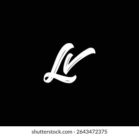 White Vector Letters Logo Brush Hand lettering Calligraphy Style In Black Background Initial LV
