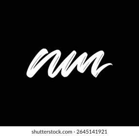 Weiße Vektorbuchstaben Logo Pinsel Handschrift Kalligrafie Stil auf schwarzem Hintergrund Initial NM