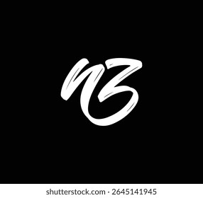 Letras Vetoriais Brancas Logo Brush Inscrição à mão Caligrafia Estilo em Fundo Preto Inicial NZ
