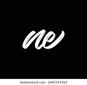 Estilo blanco de la caligrafía de las letras de la mano del cepillo del logotipo de las letras del Vector en fondo negro Initial NE