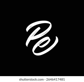 Letras de vetor branco logotipo Brush mão caligrafia estilo em preto fundo inicial PE