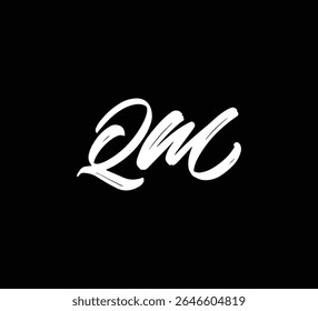 White Vector Letters Logo Brush Hand lettering Calligraphy Style In Black Background Initial QM